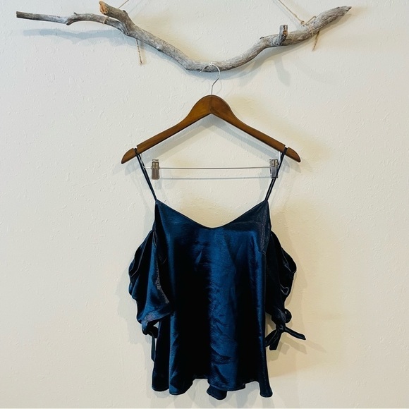 UO Silence + Noise Blue Shiny Cold Shoulder Tie Top - Picture 5 of 14